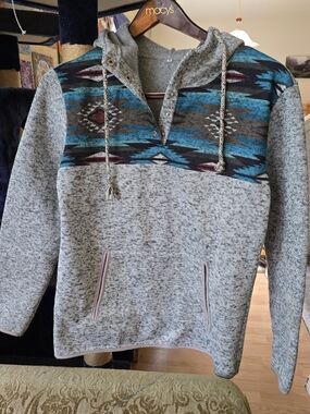 Womens Gray Pullover Fleece Hoodie Sweater with Turquoise Aztec Design